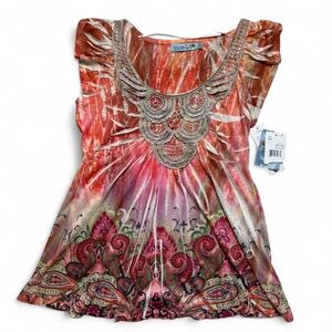 NWT Unity World Wear Boho Fairy Top Orange & Pink Womens Size S Petite